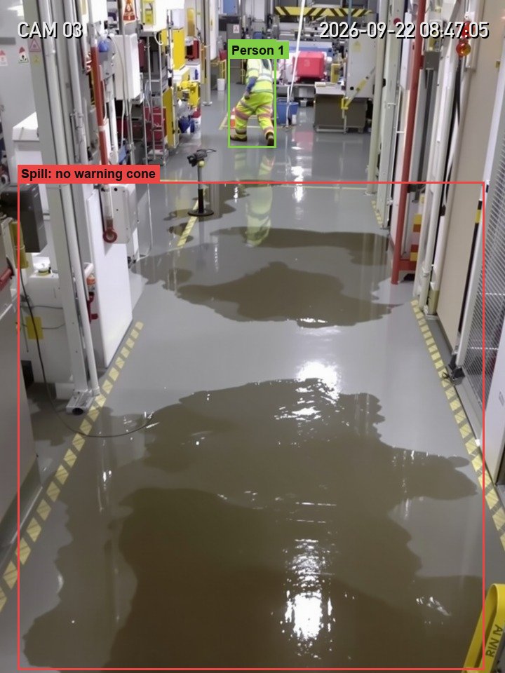 Liquid spill on a factory walkway flagged with no warning cone