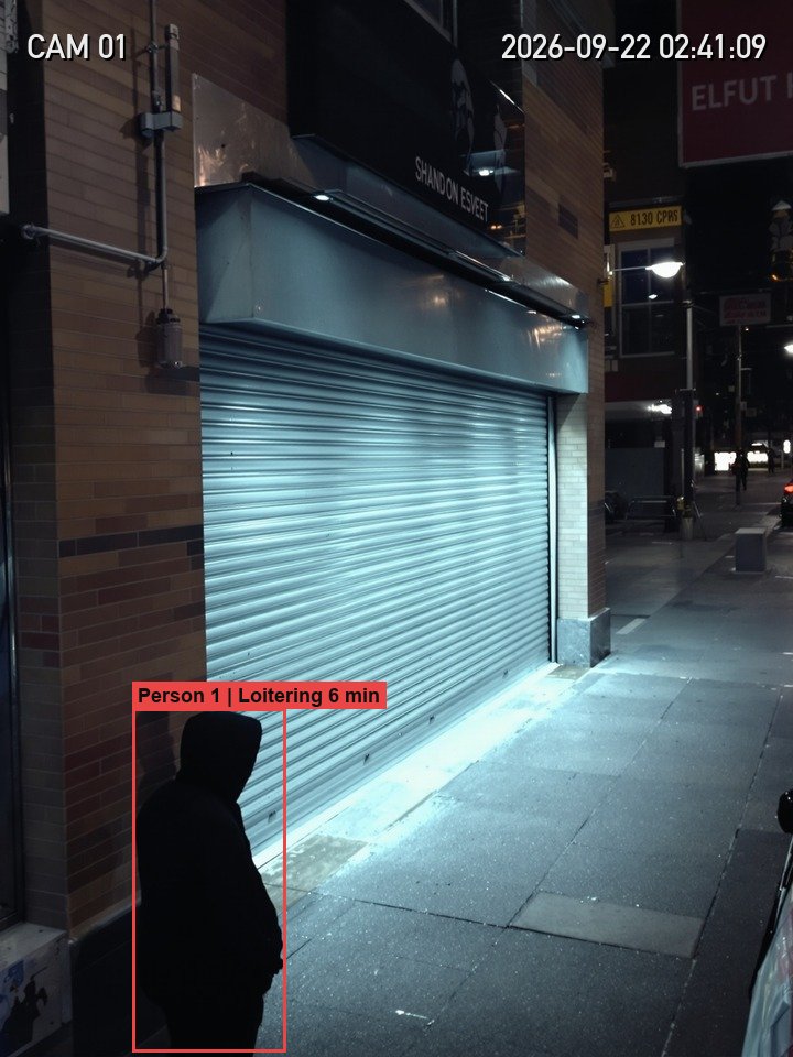 Person flagged loitering outside a closed shopfront at night